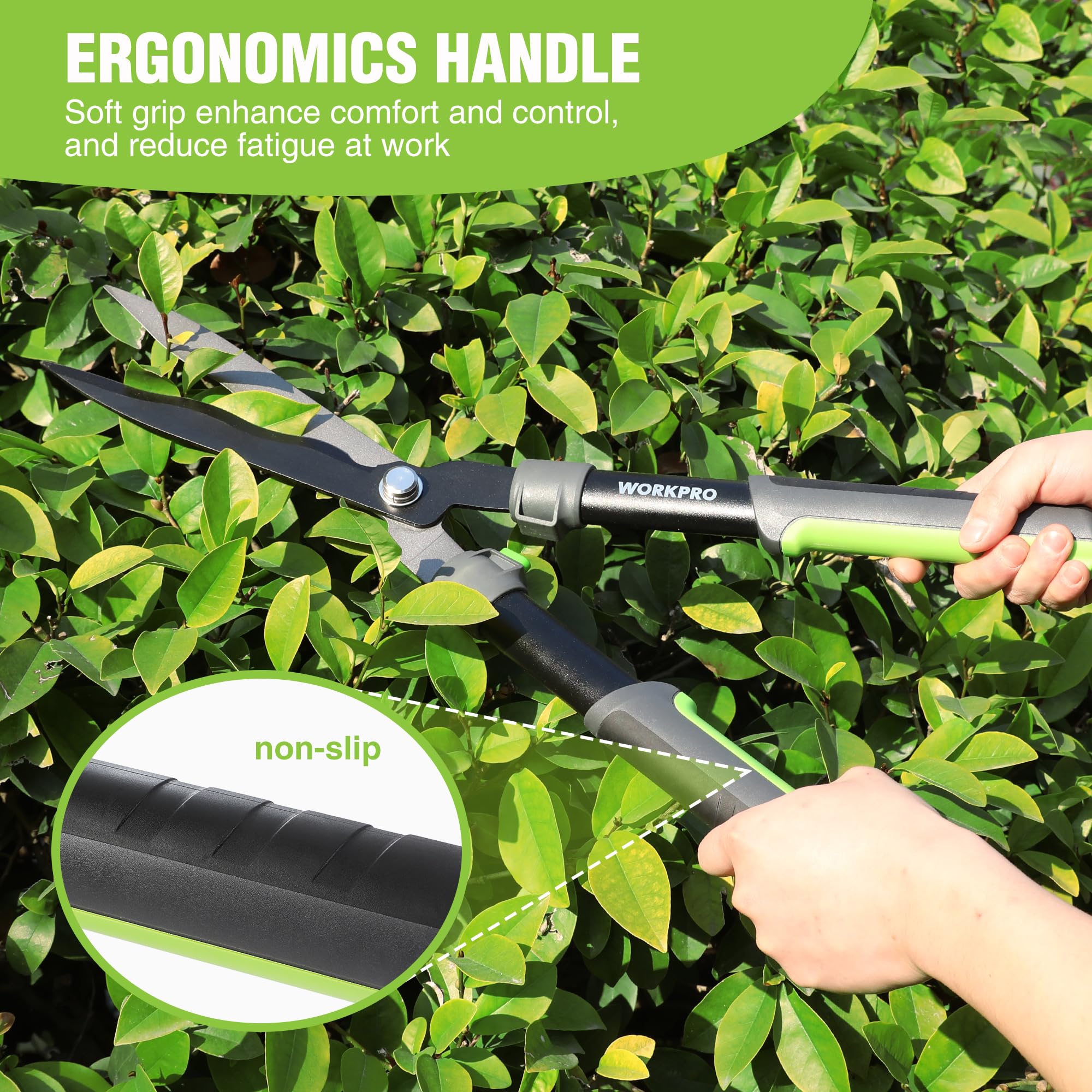 WORKPRO shears flipped to show 14-degree angle allowing flat or arc trimming options
