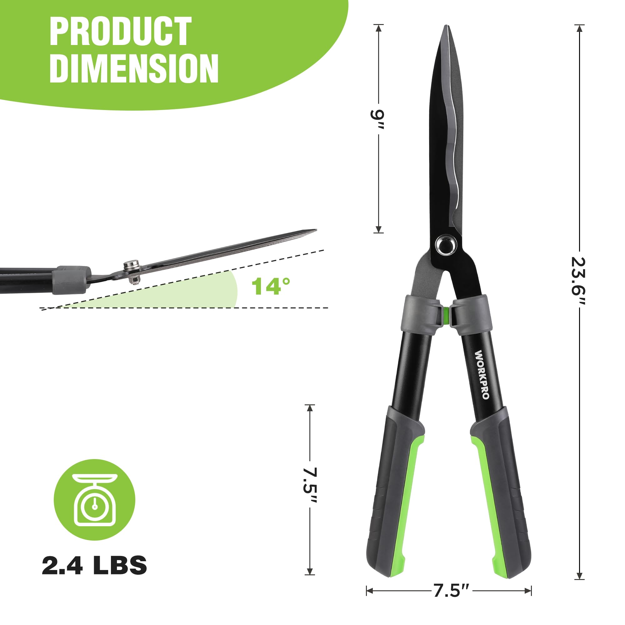 WORKPRO shears placed in backyard garden scene highlighting practical use and tidy hedges