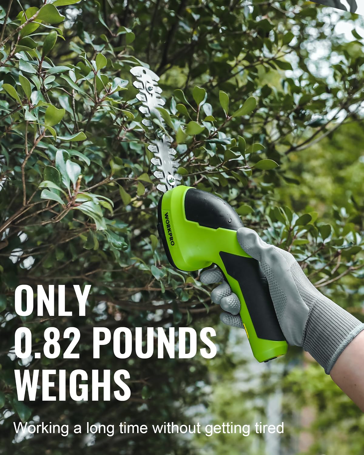 WORKPRO cutting small shrub branches showing hedge blade efficiency and control