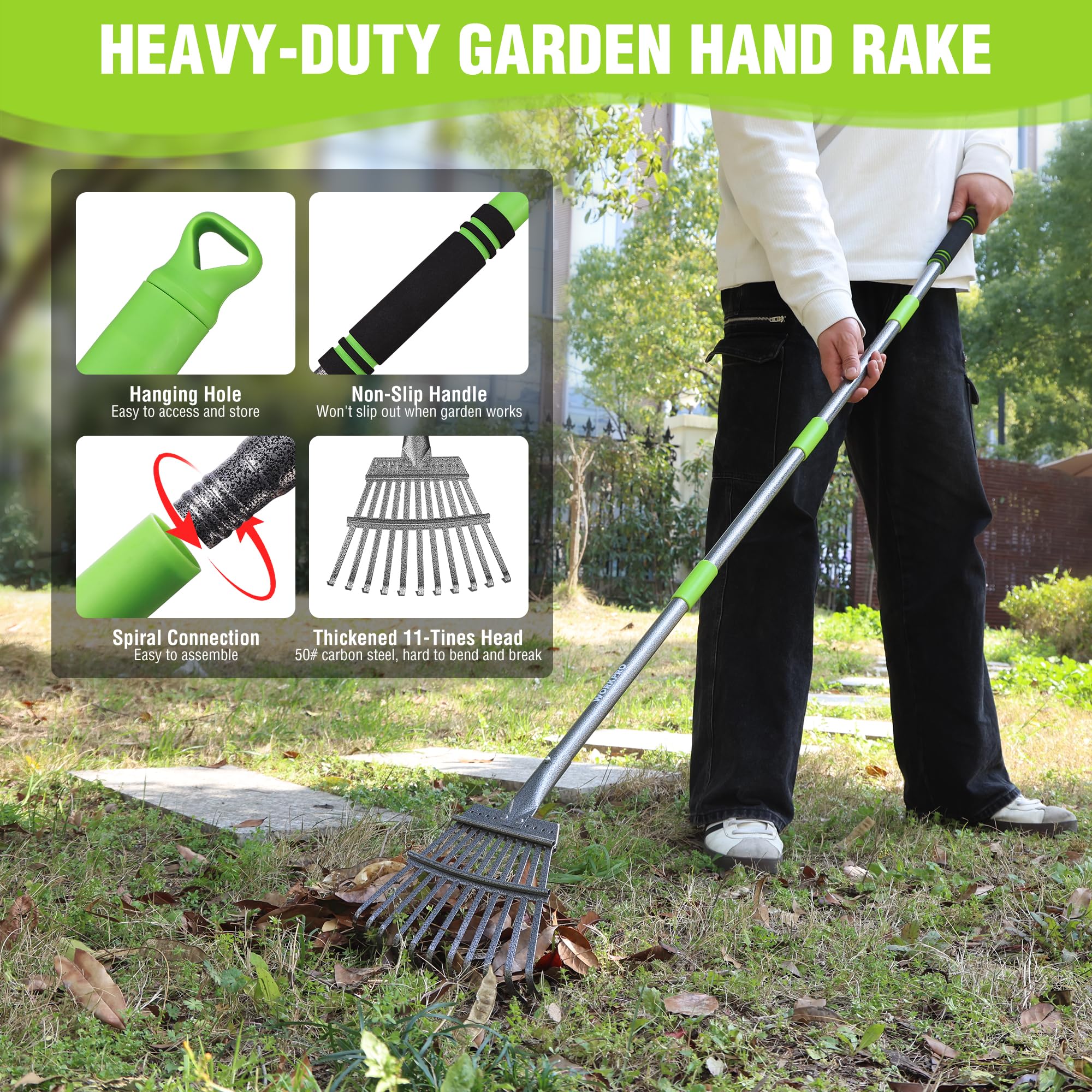 WORKPRO rake used between plants showing precise debris collection benefit