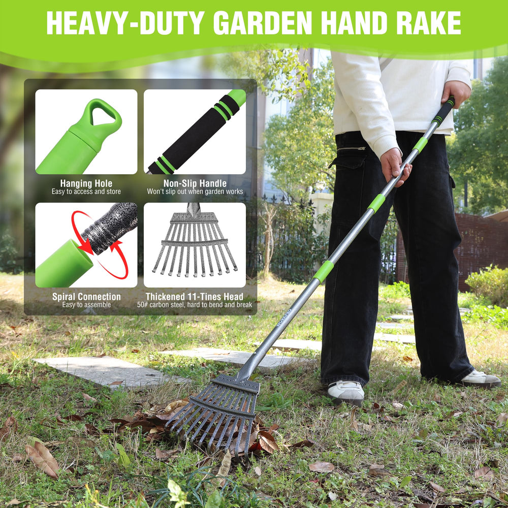 WORKPRO rake used between plants showing precise debris collection benefit