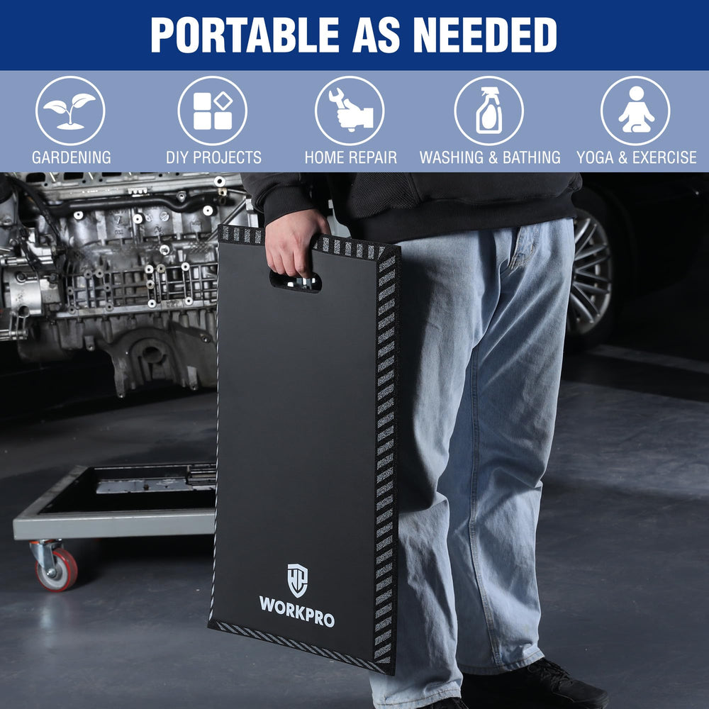 WORKPRO kneeling pad next to tools showing scale and generous coverage