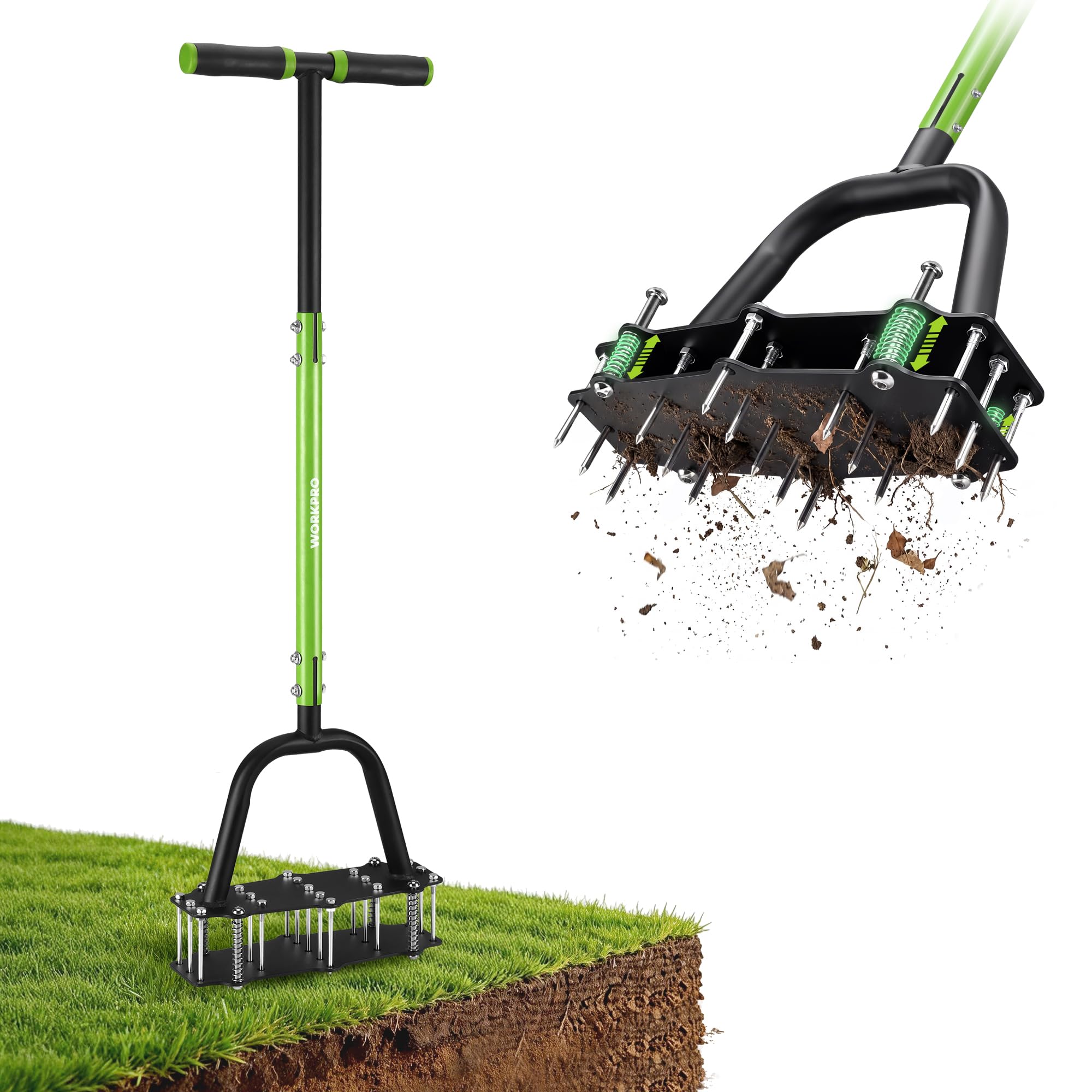 WORKPRO front view of 38-inch aerator showing 17 spikes and wide coverage benefit