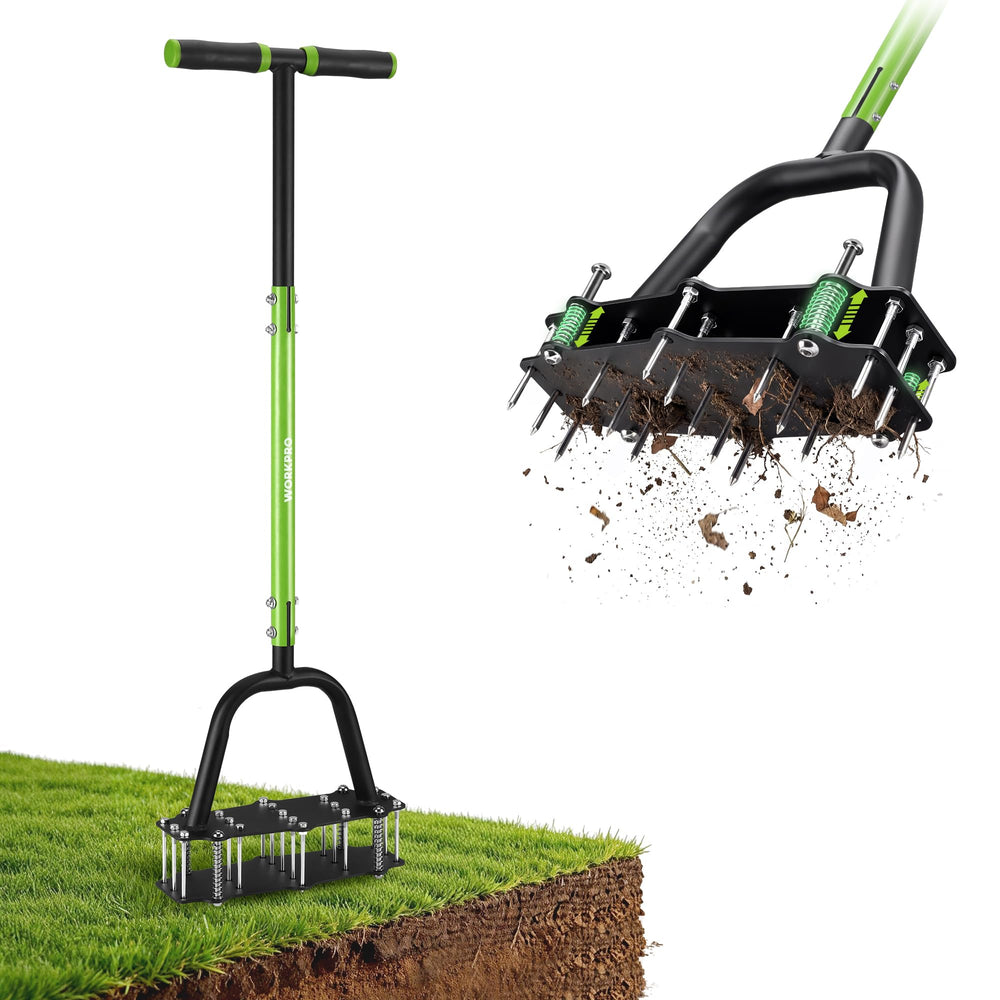 WORKPRO front view of 38-inch aerator showing 17 spikes and wide coverage benefit