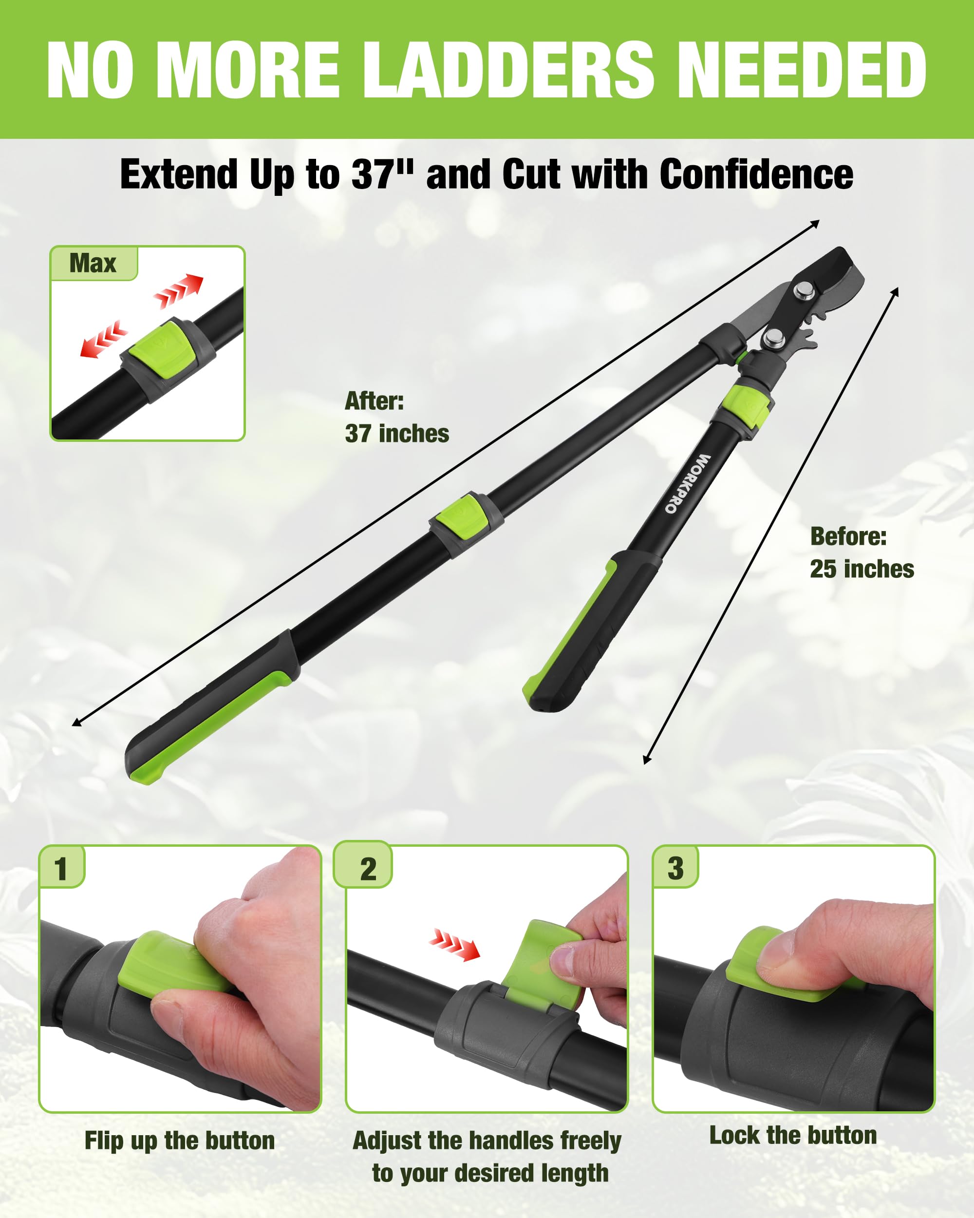 WORKPRO extended handle demonstrating telescoping reach and safety