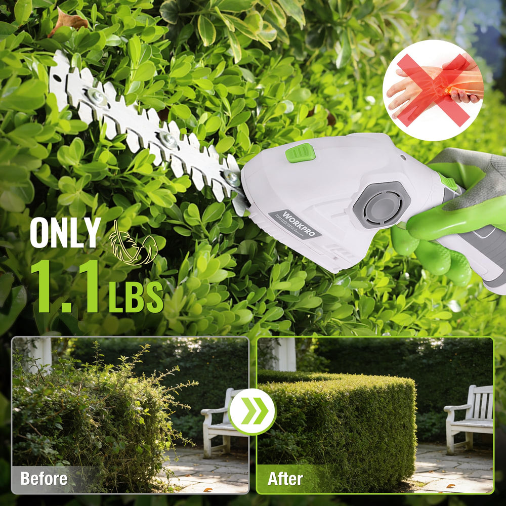 WORKPRO in use held one-handed trimming near garden bed for effortless control