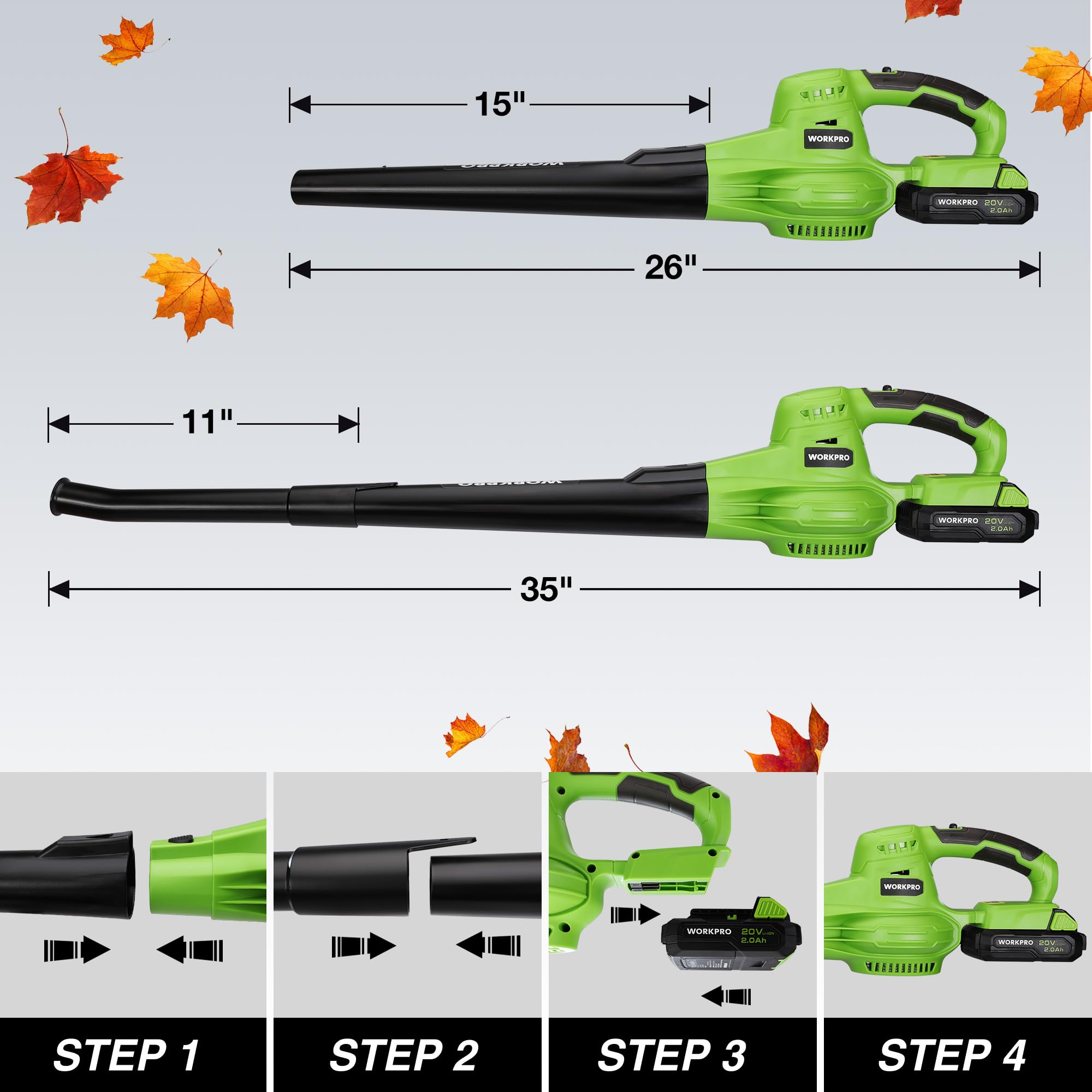WORKPRO boxed kit with blower, battery, and tube showing ready-to-use inclusions