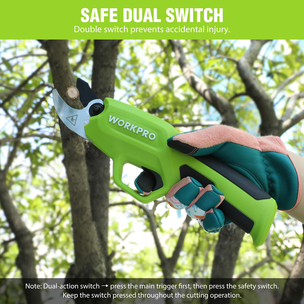 WORKPRO pruner battery and label detail highlighting cordless convenience