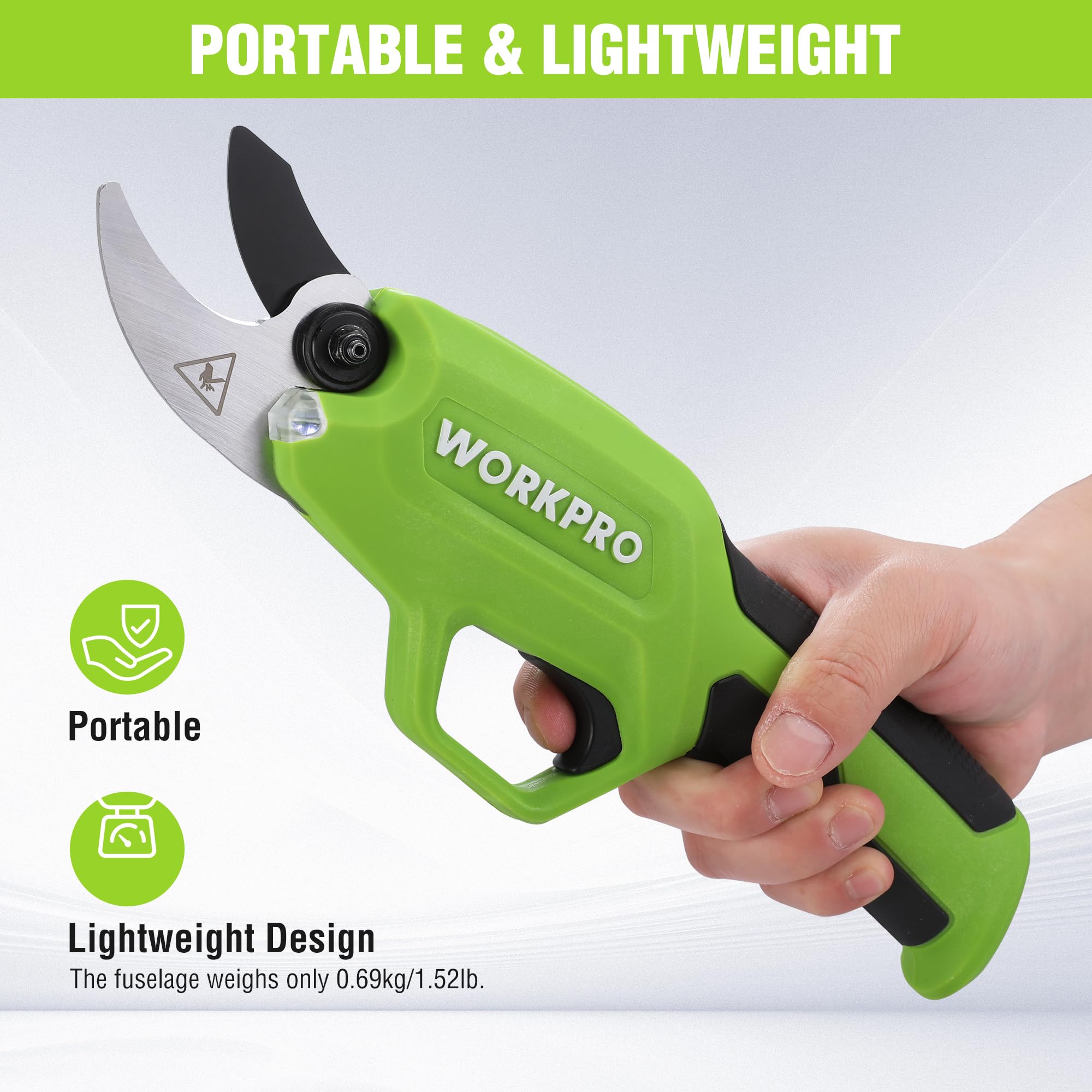 WORKPRO pruner beside ruler showing 0.8 inch cutting capacity for scale