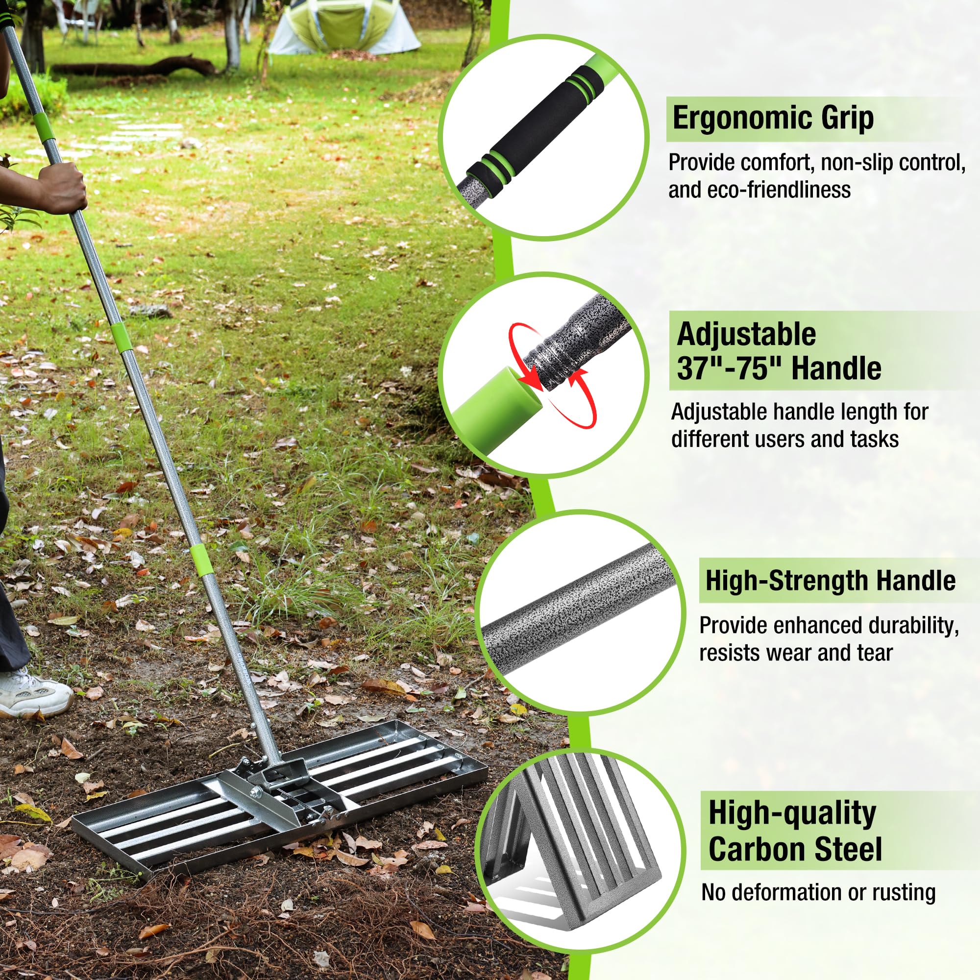 WORKPRO rake being used to level soil, enabling uniform seedbed preparation