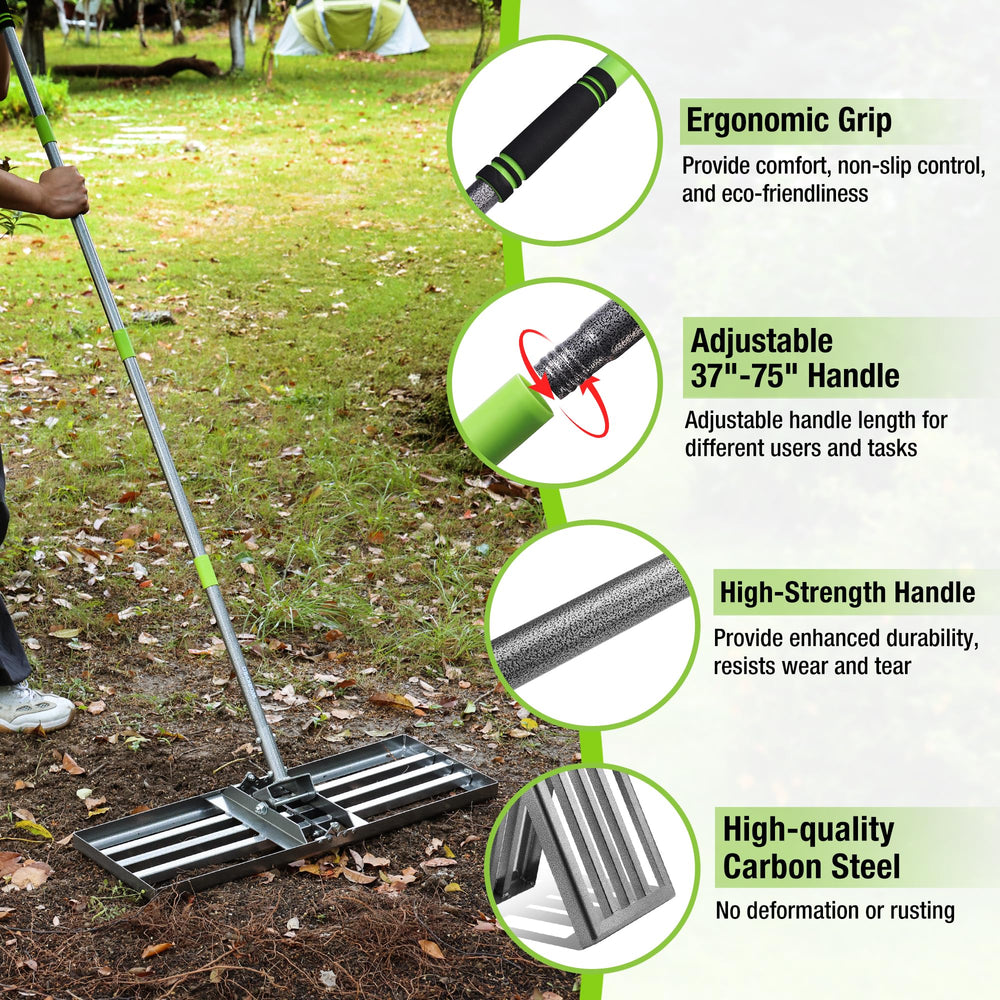 WORKPRO rake being used to level soil, enabling uniform seedbed preparation