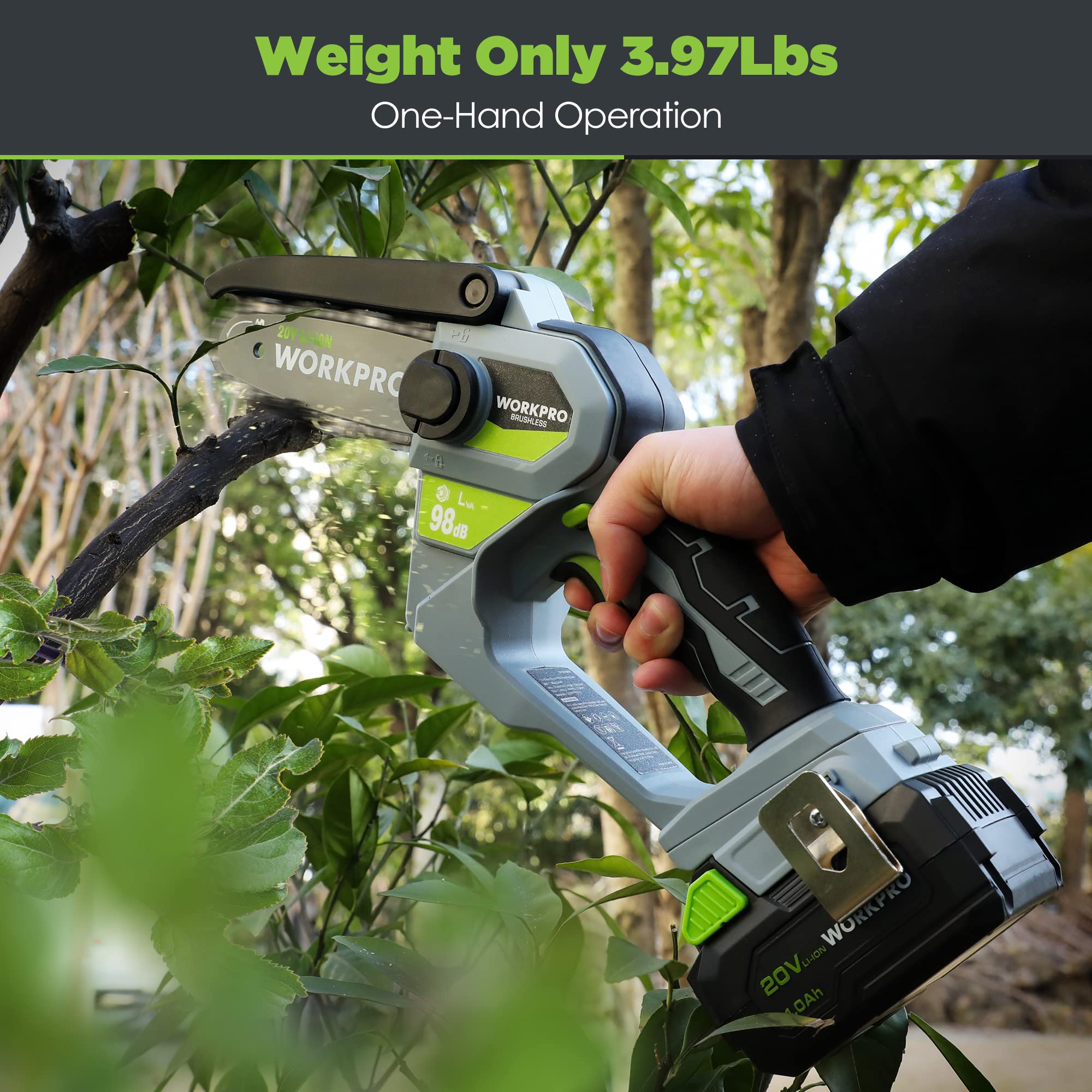WORKPRO rotatable 100° blade guard detail showing safer angled cutting