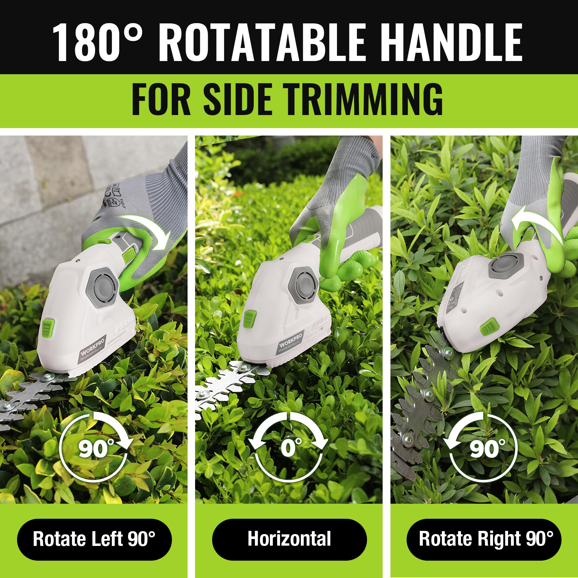 WORKPRO rotatable handle angled to illustrate ergonomic grip and flexible reach