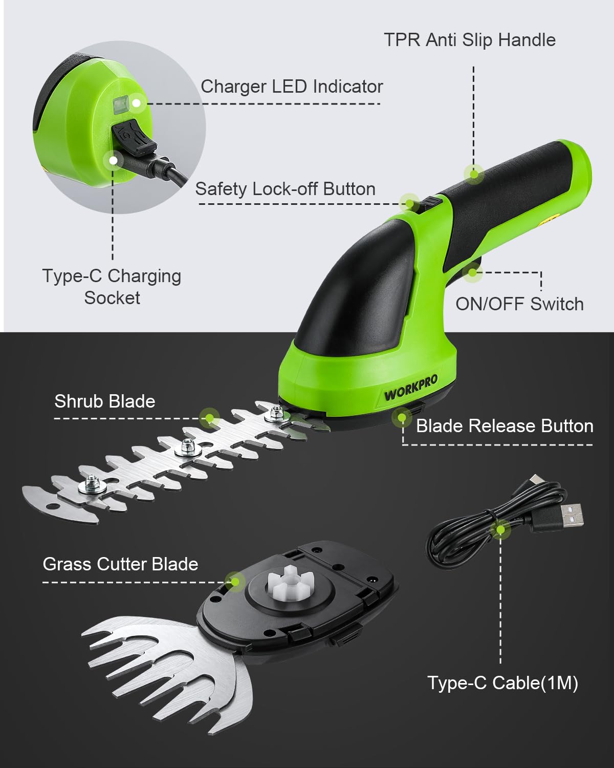 WORKPRO trimmer next to hand showing scale and lightweight, portable advantage