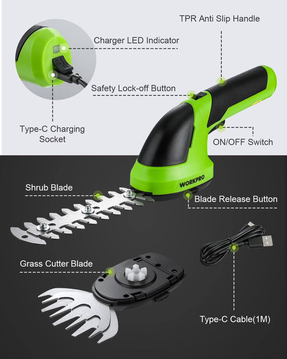 WORKPRO trimmer next to hand showing scale and lightweight, portable advantage