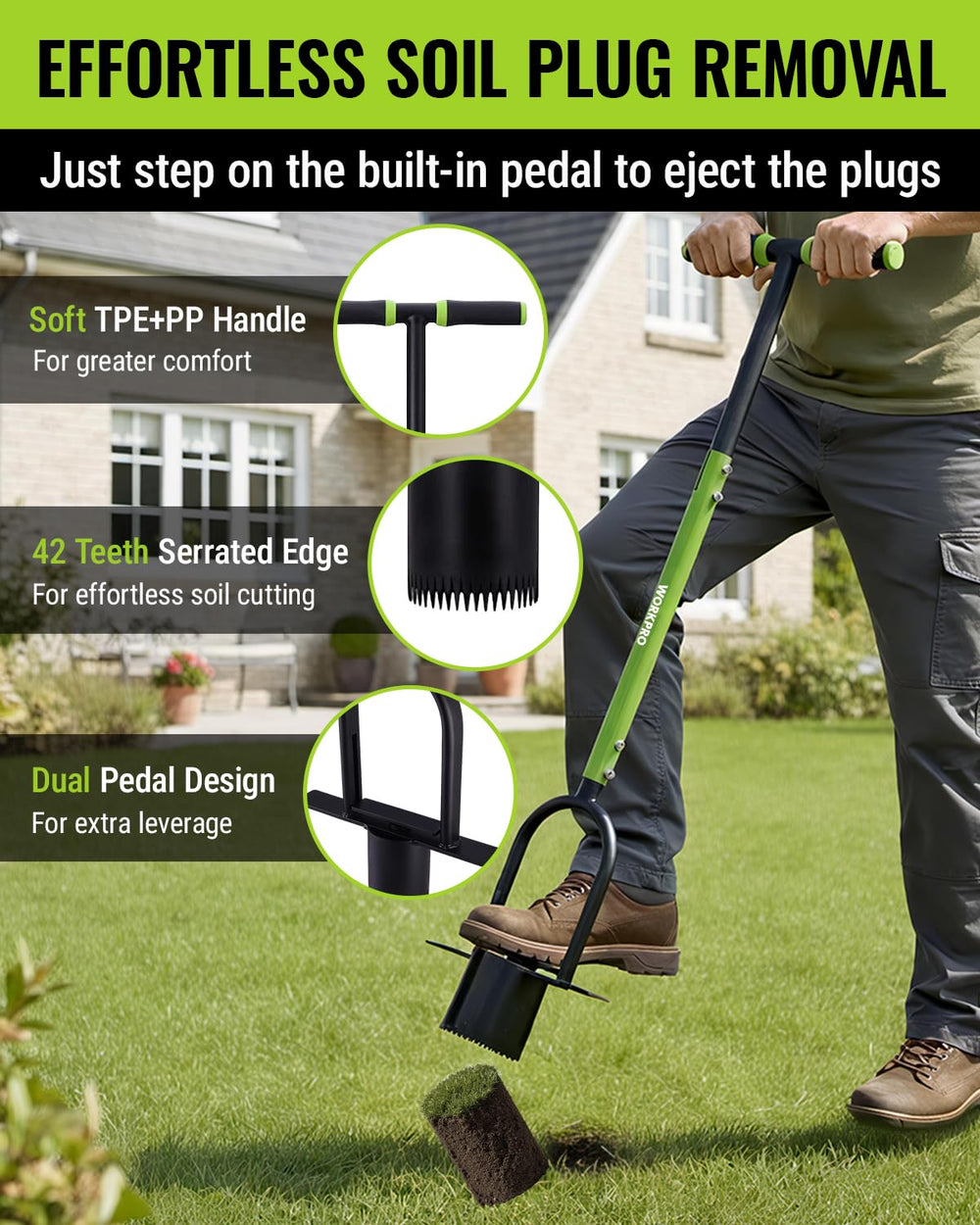 WORKPRO tool in use cutting a soil plug to speed planting tasks