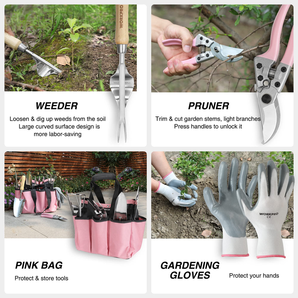 WORKPRO high-back weeder in soil showing easier weed removal and root loosening