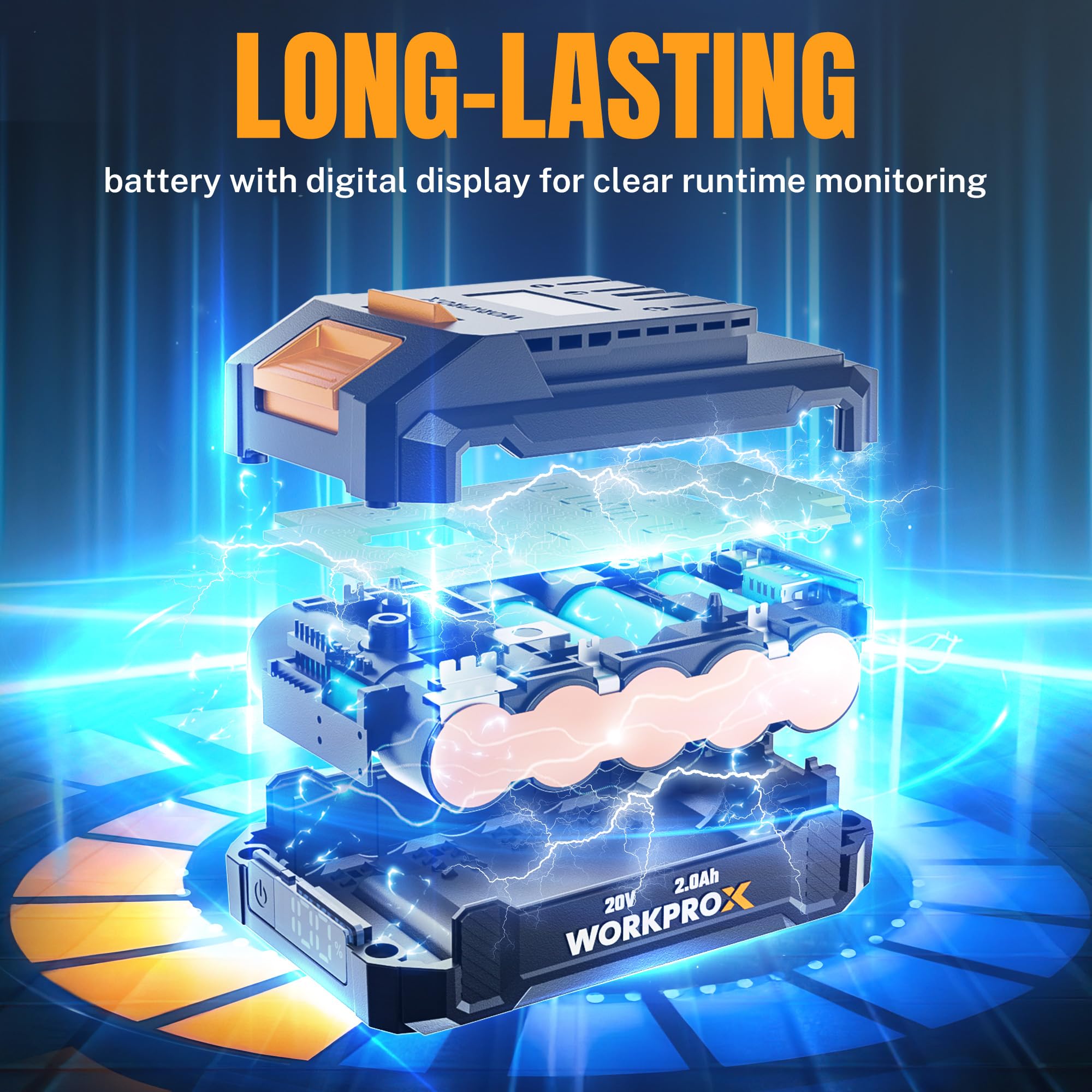 WORKPROX battery display showing charge level for convenient runtime awareness