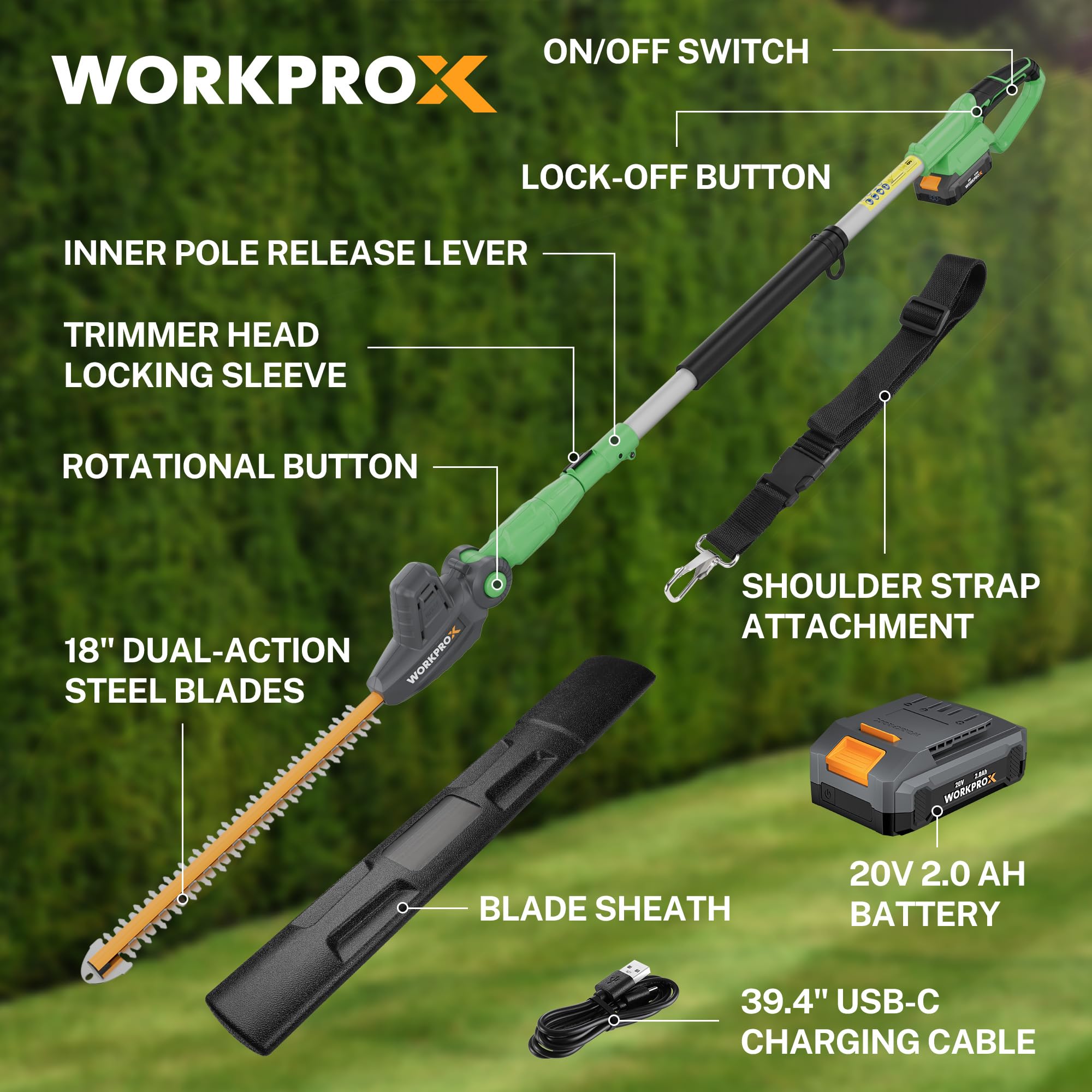 WORKPRO extended reach at 9.2 ft demonstrating high hedge access and safety