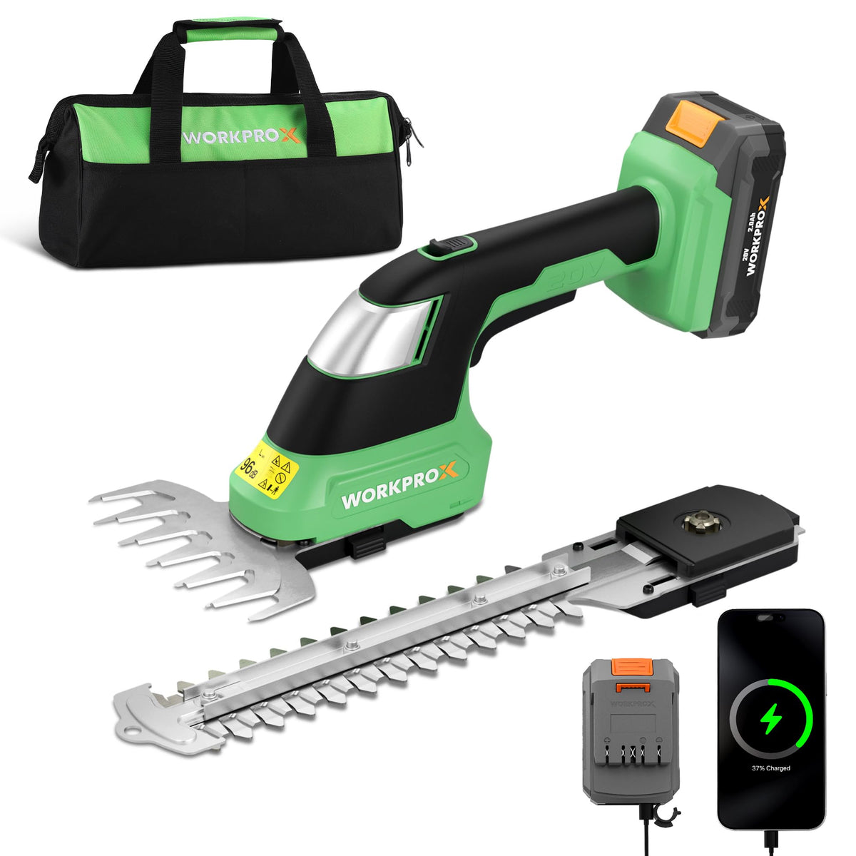 WORKPROX front view of trimmer showing compact green housing and ready-to-use design