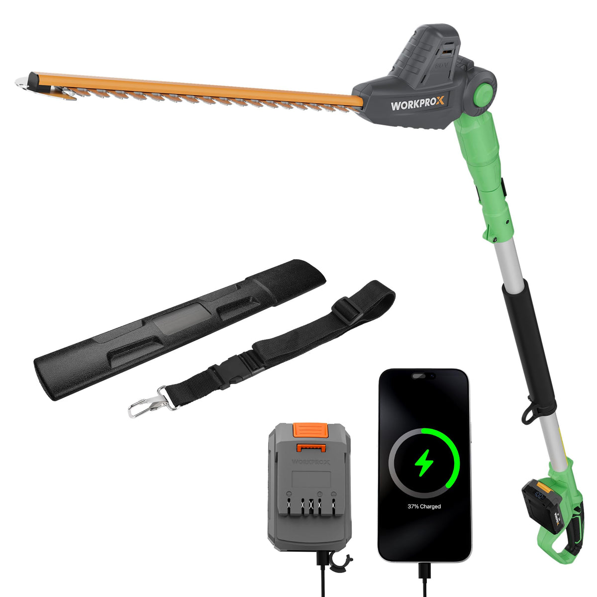 WORKPRO front view of pole trimmer showing full assembly and controls for easy use