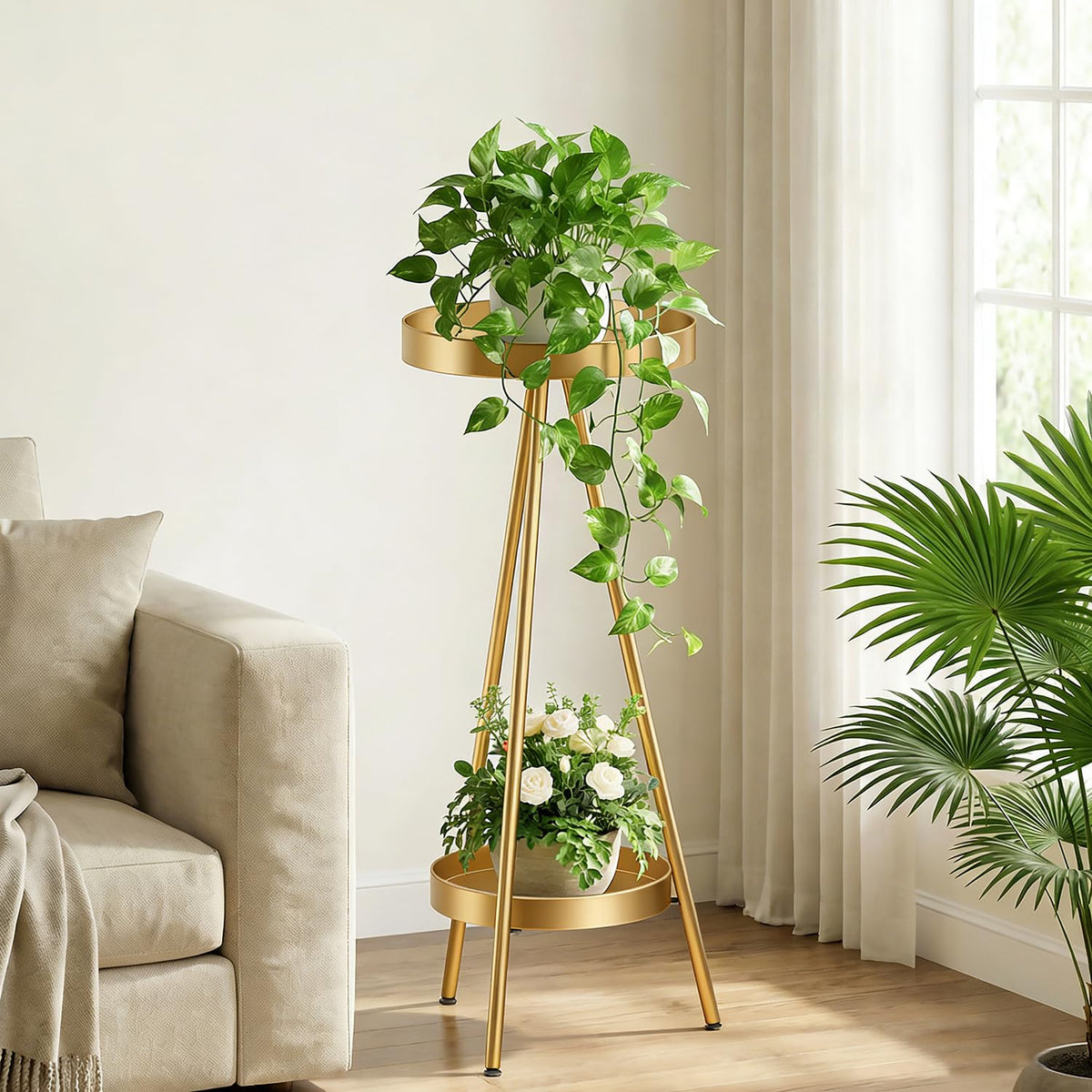 WORKTOOL gold plant stand front view showing modern silhouette and sturdy base