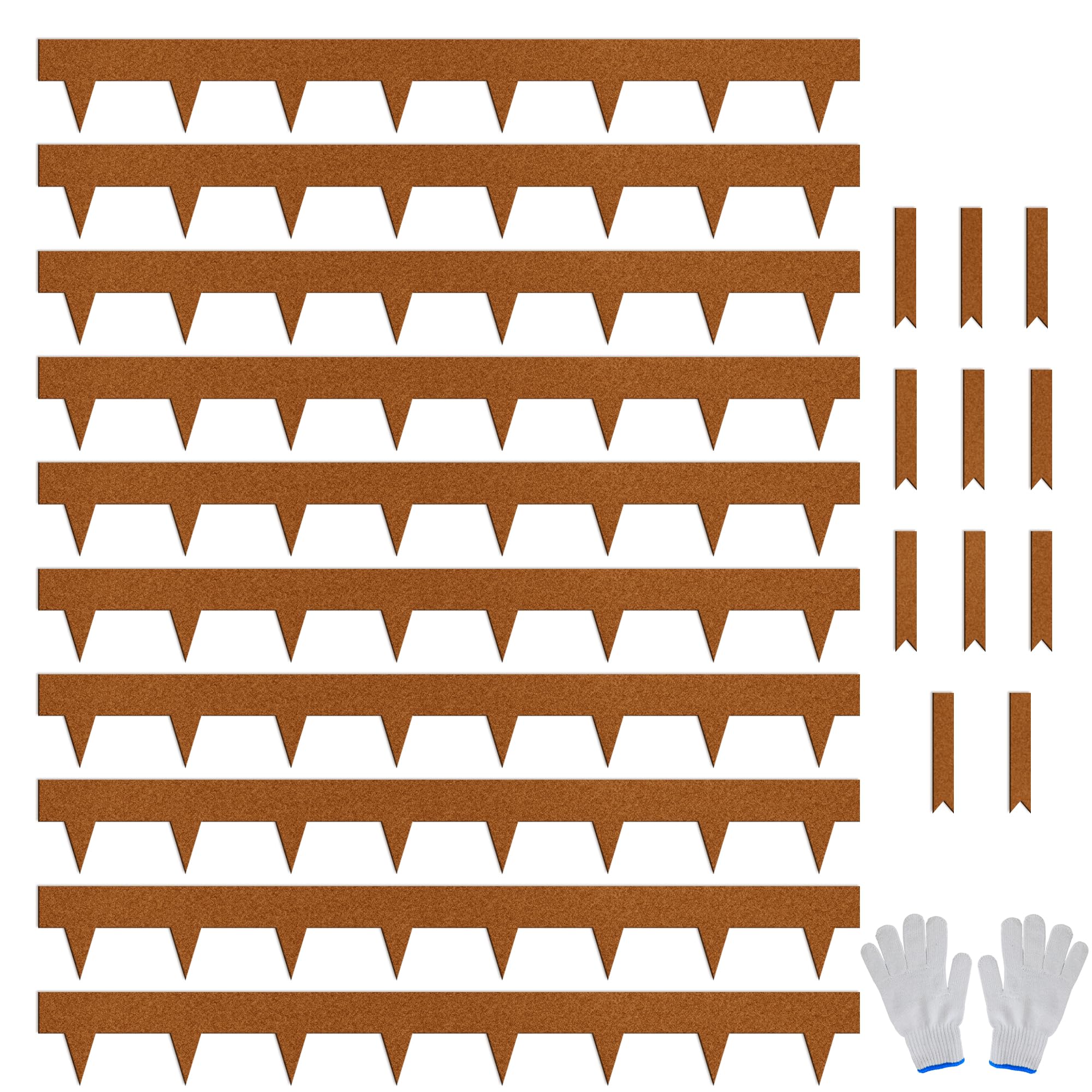 Worth product pack showing 10 metal edging strips and 11 stakes, neat storage benefit