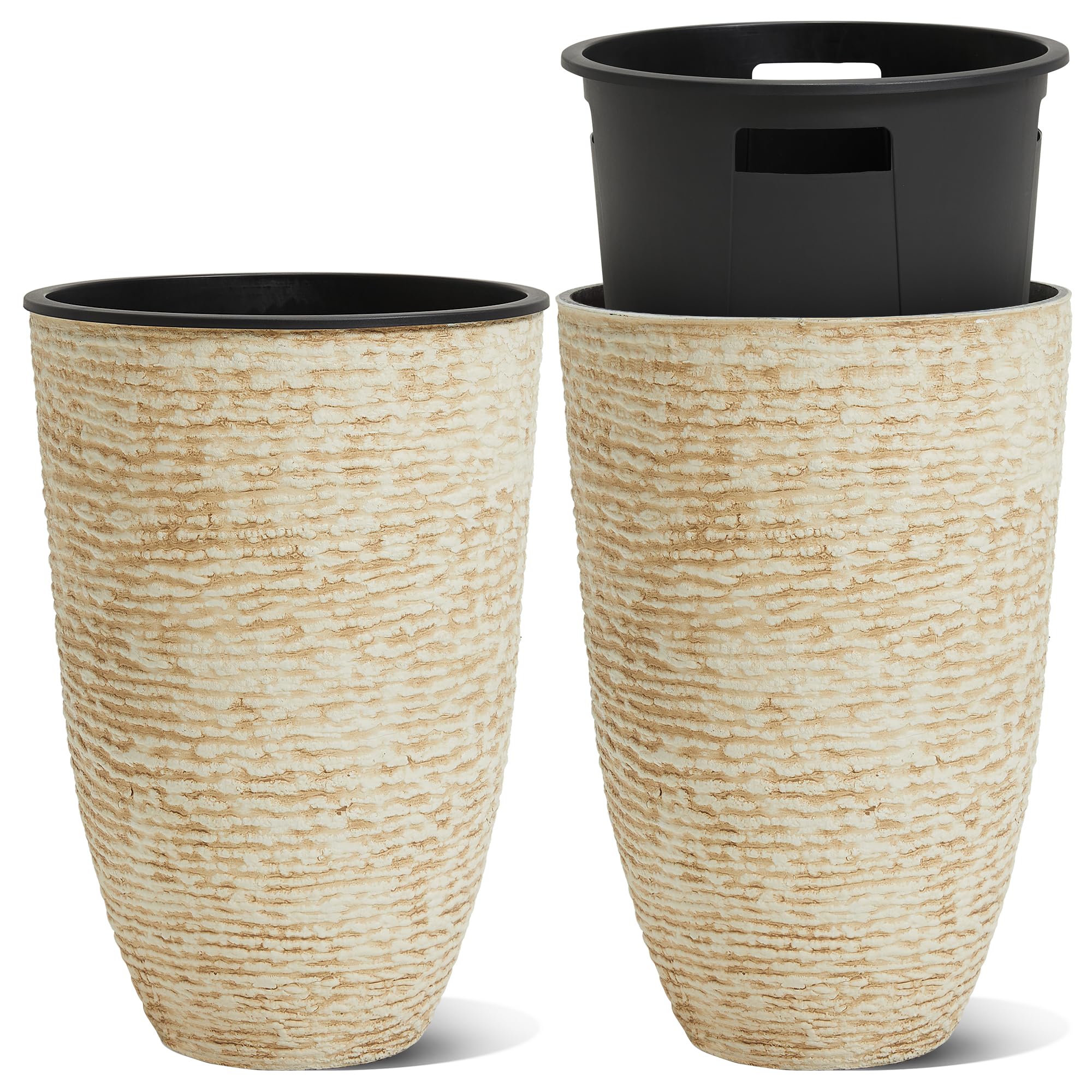 Worth front view of two beige tall planters showing elegant curb appeal