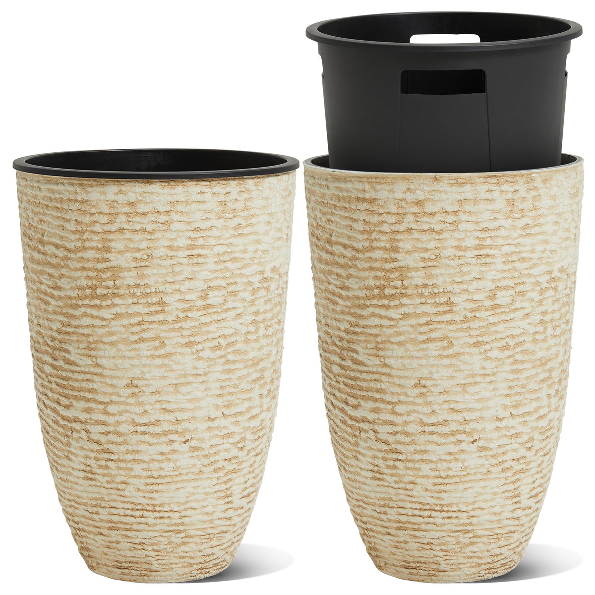 Worth front view of two beige tall planters showing elegant curb appeal