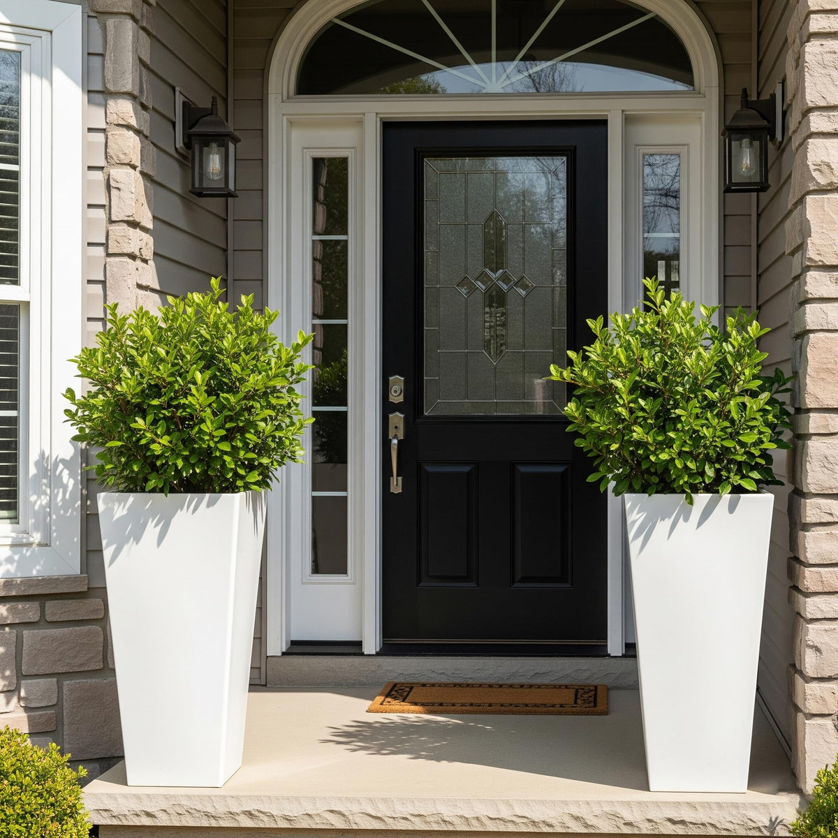 Worth front view of the pair of white 28-inch planters showing modern look and height benefit