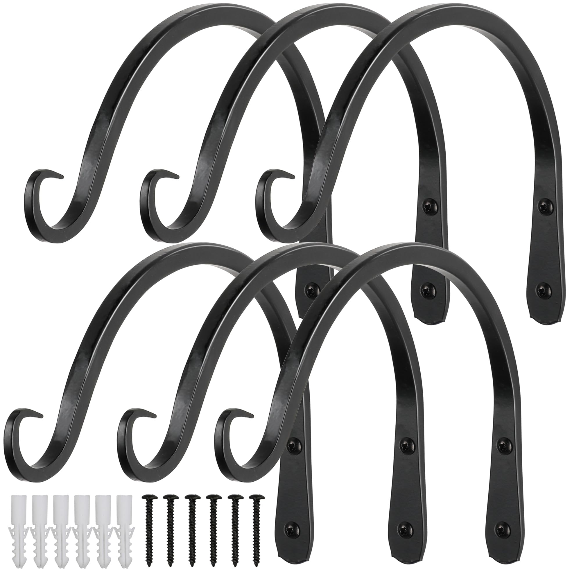 Worth Garden front view of six black plant hanger brackets showing durable finish and pack benefit
