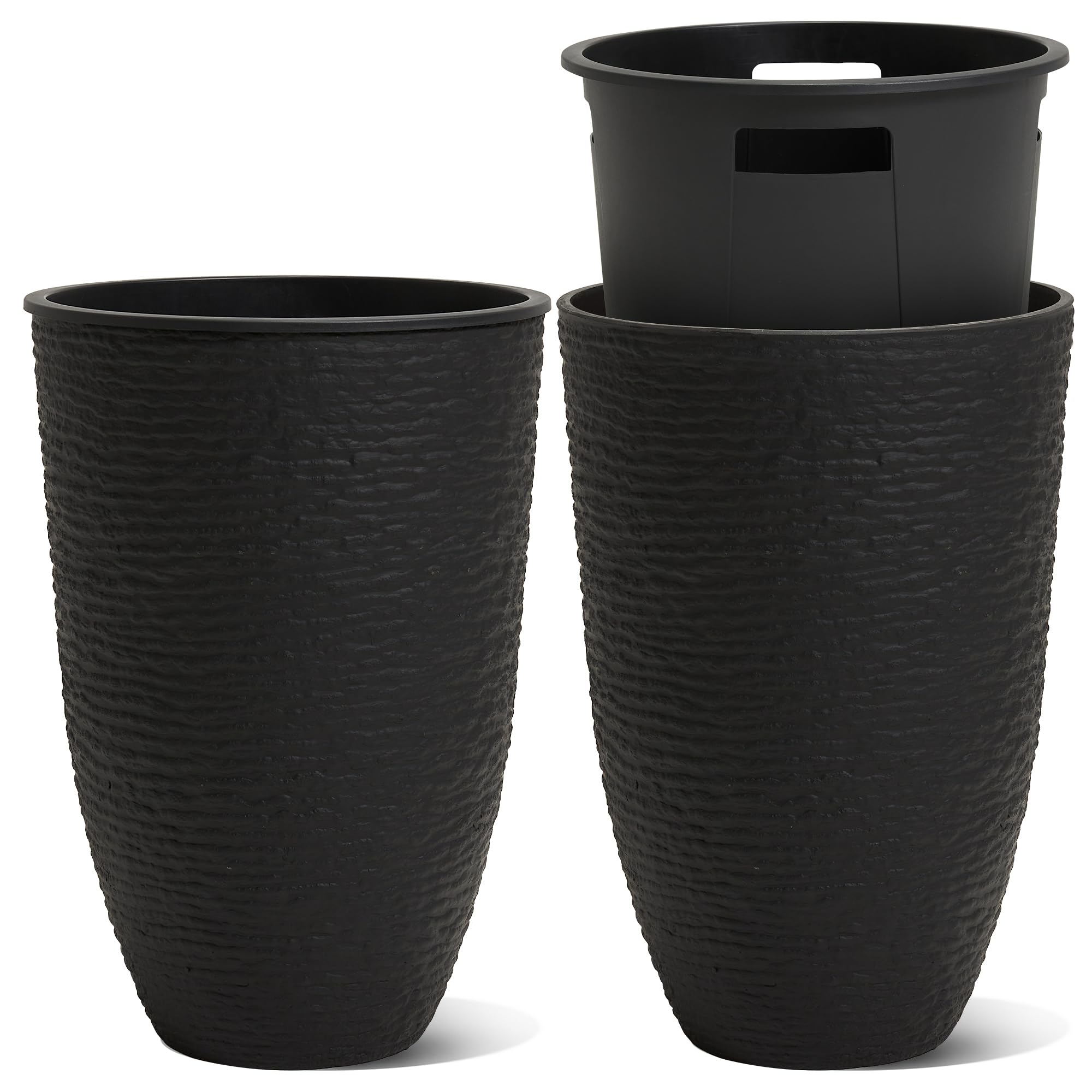 Worth front view of two black tall planters showing balanced entryway style and curb appeal
