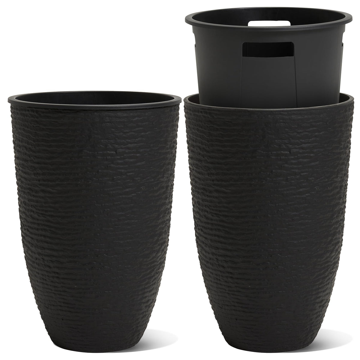 Worth front view of two black tall planters showing balanced entryway style and curb appeal