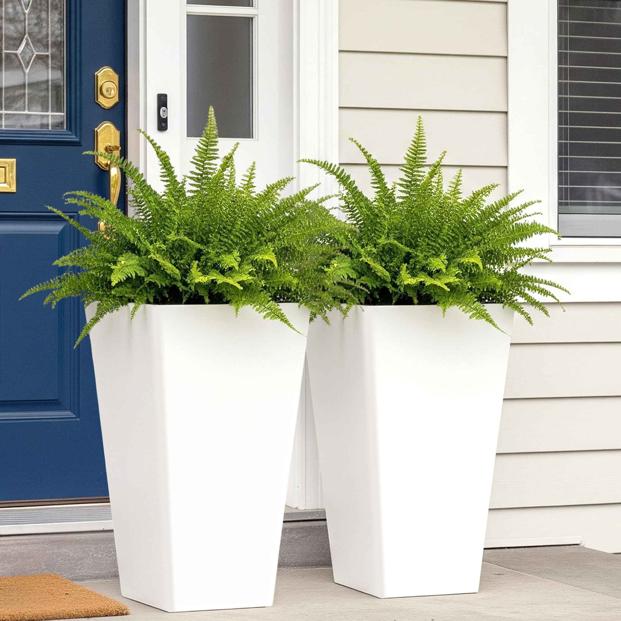 Worth brand front view of two white tall planters, sleek curb appeal