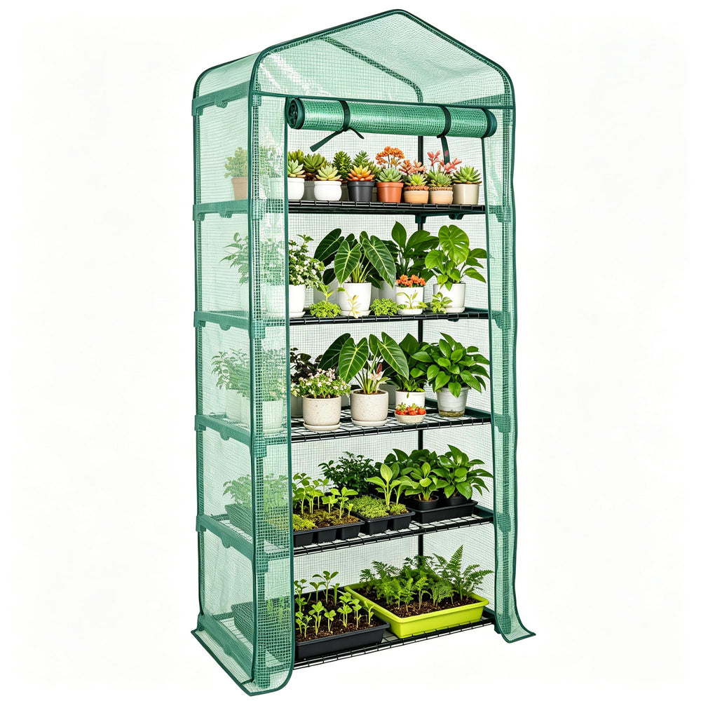 Worth front view of five-tier greenhouse showing organized plants and compact footprint