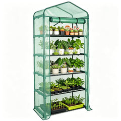 Worth front view of five-tier greenhouse showing organized plants and compact footprint
