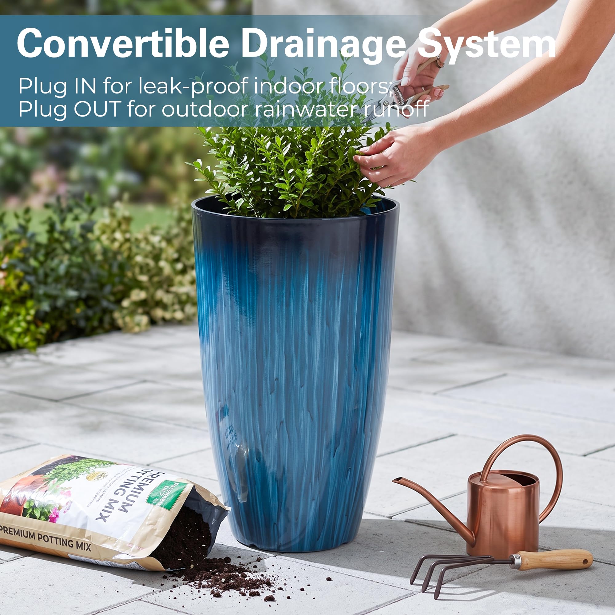 Worth planter next to measuring tape demonstrating 20-inch height for large plants