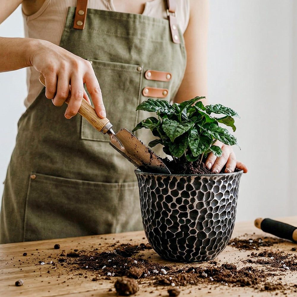Worth Garden planter next to hand to show 8-inch scale for planting clarity