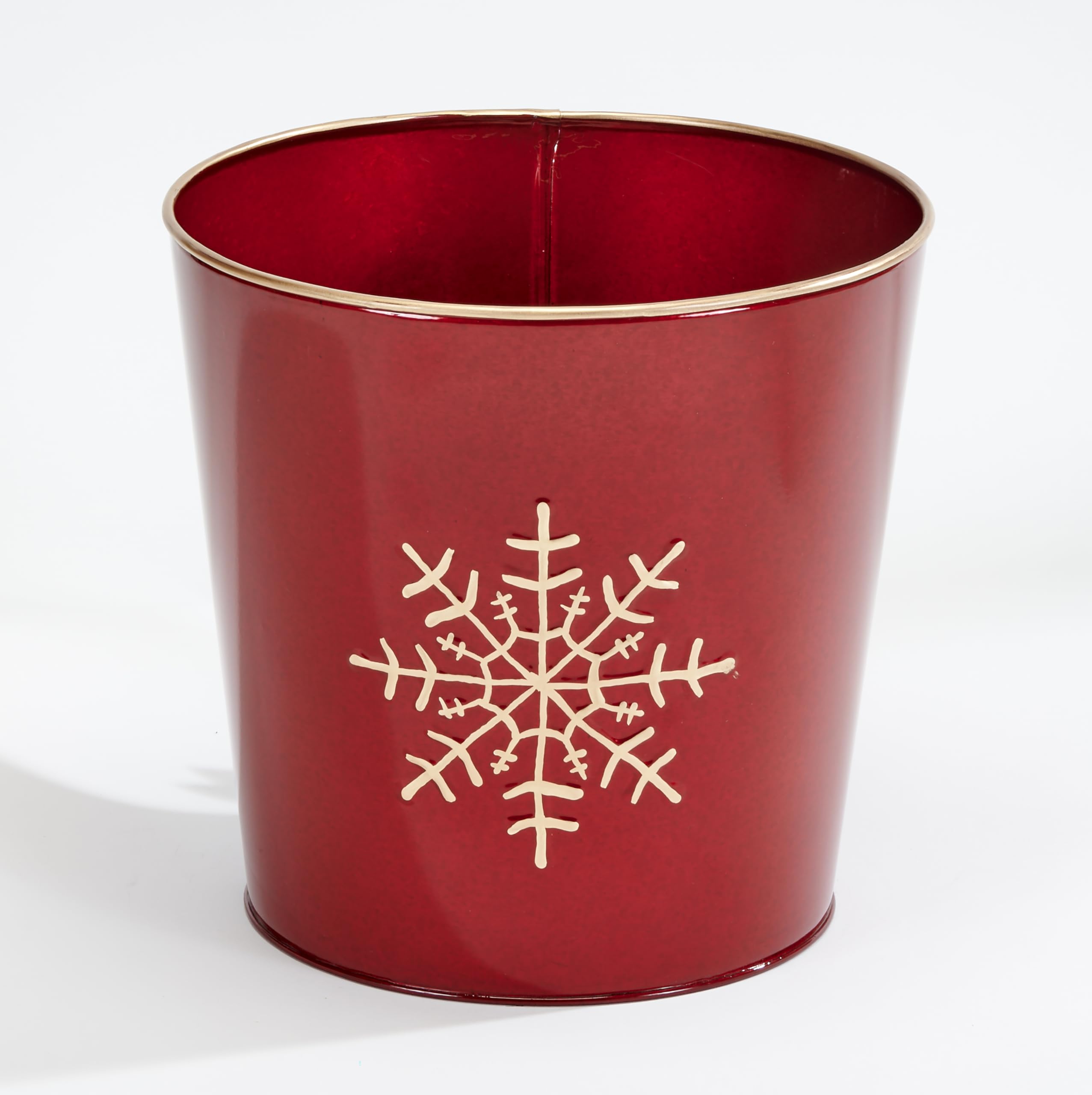 Worth Imports red galvanized planter front view showing snowflake and gold rim, adds festive flair
