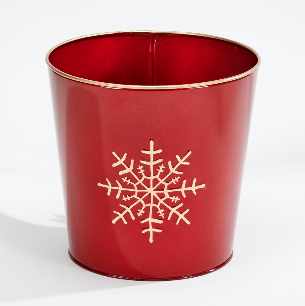 Worth Imports red galvanized planter front view showing snowflake and gold rim, adds festive flair
