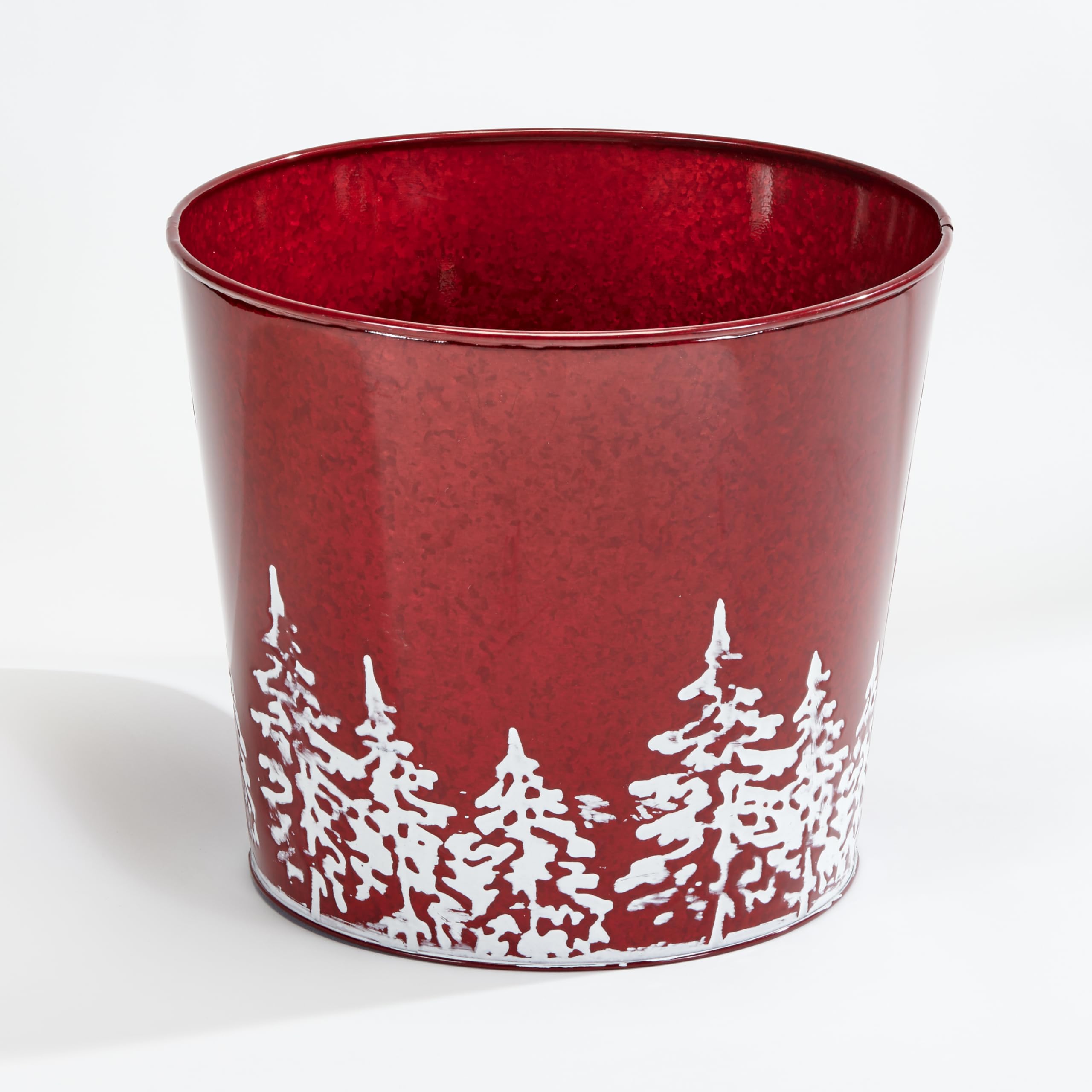 Worth Imports red galvanized planter front view showing festive tree and sturdy rim for display