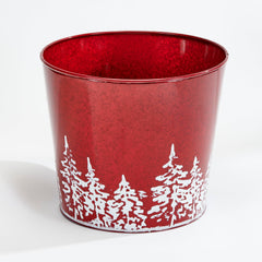 Worth Imports red galvanized planter front view showing festive tree and sturdy rim for display