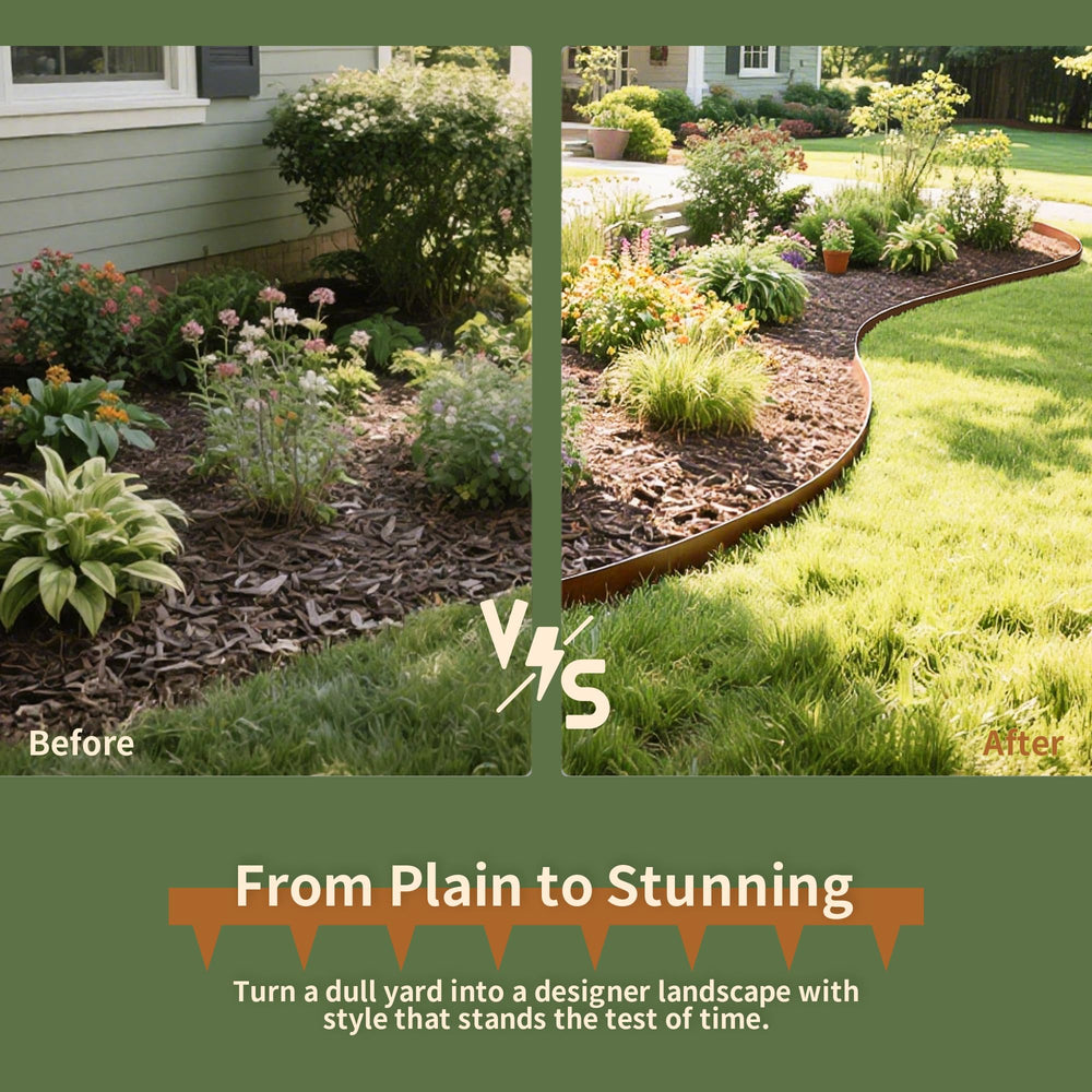 Installed Worth edging separating mulch and lawn, keeping garden beds tidy