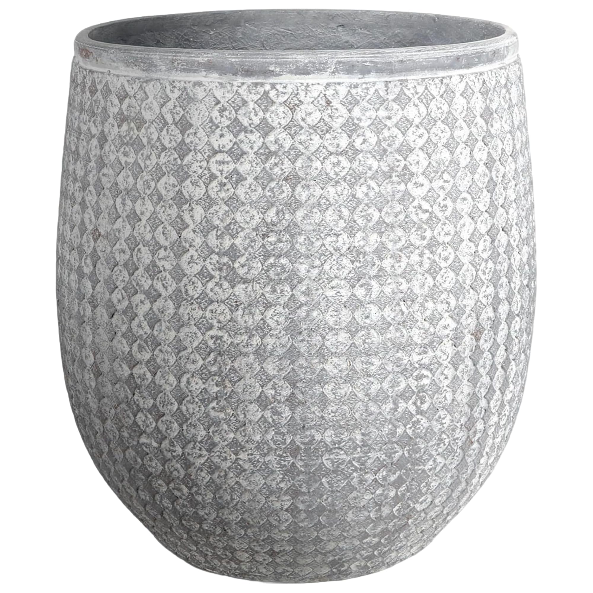Worth planter front view showing grey concrete-look and pattern, enhances decor