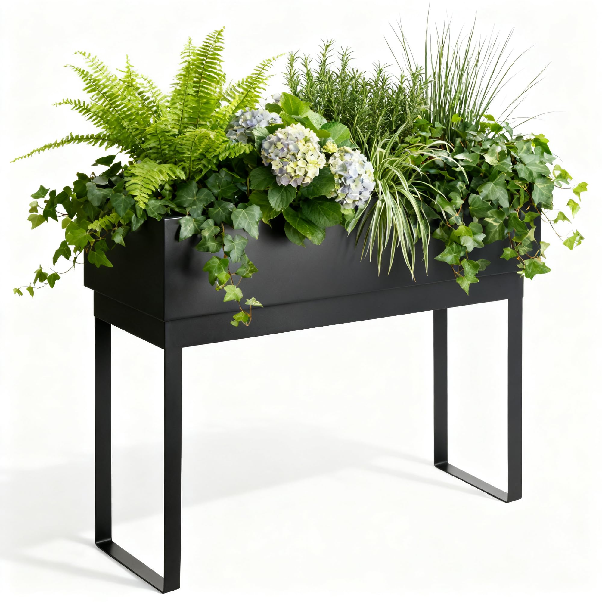 WORTH front view of raised metal planter showing matte black finish and legs, stylish durability