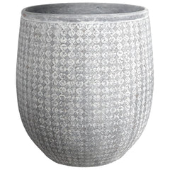 Worth planter front view showing grey concrete-look and pattern, enhances decor