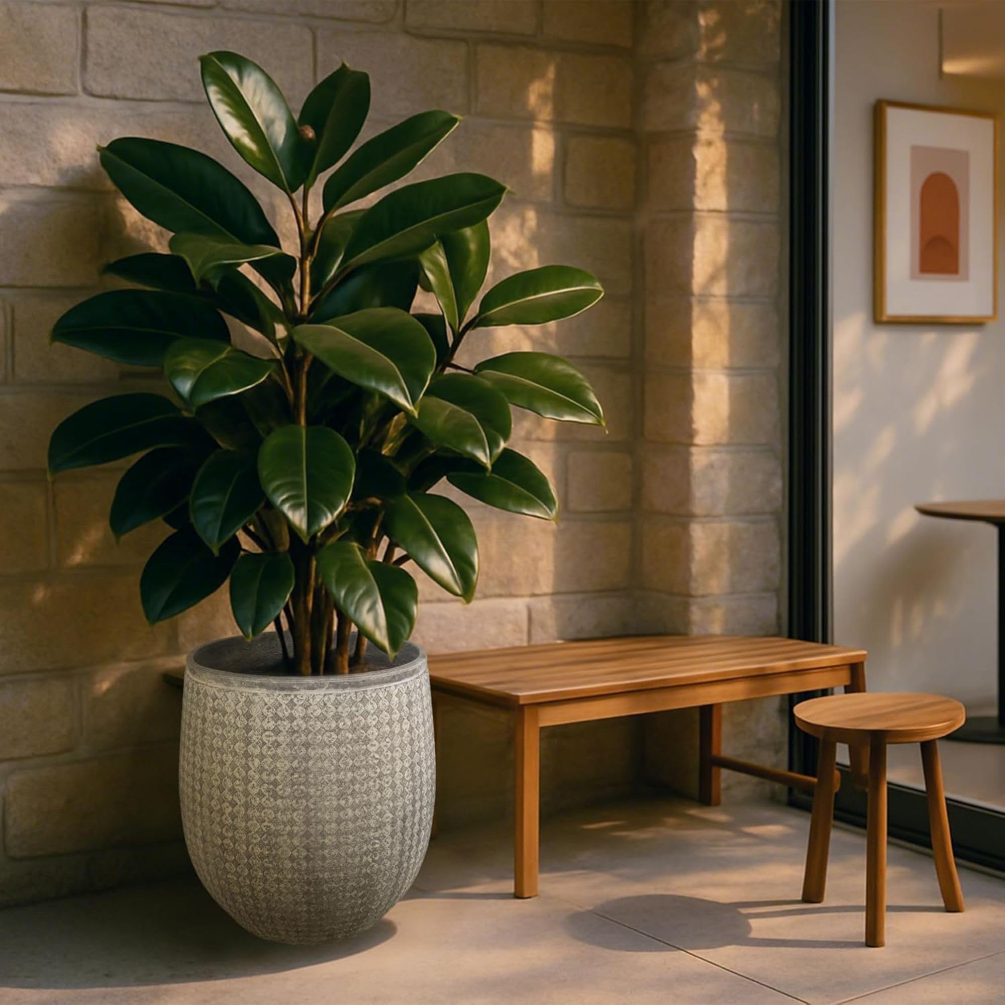 Worth planter lifestyle patio setting showing weather-resistant outdoor appeal