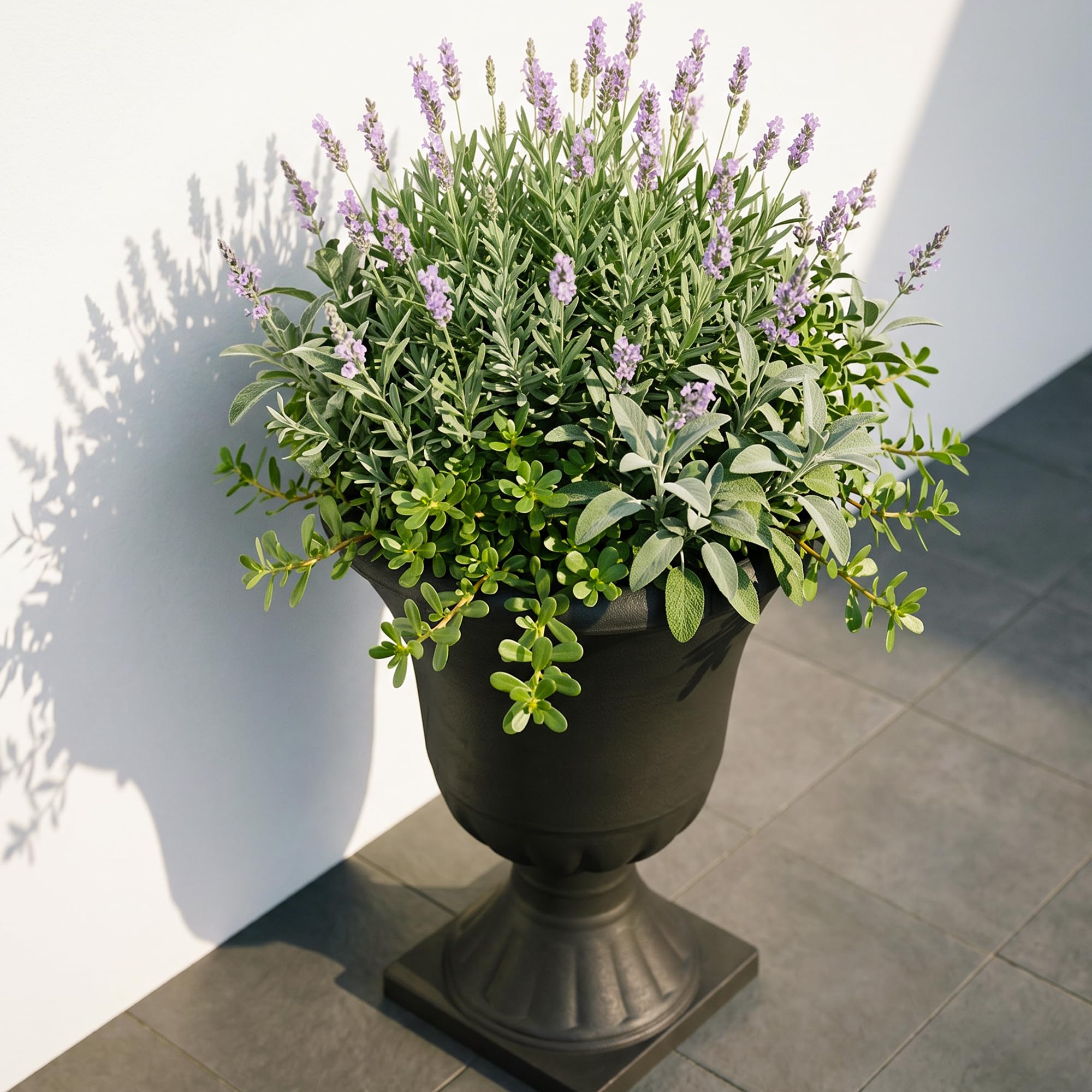 Worth urn planted with flowers demonstrating instant porch styling