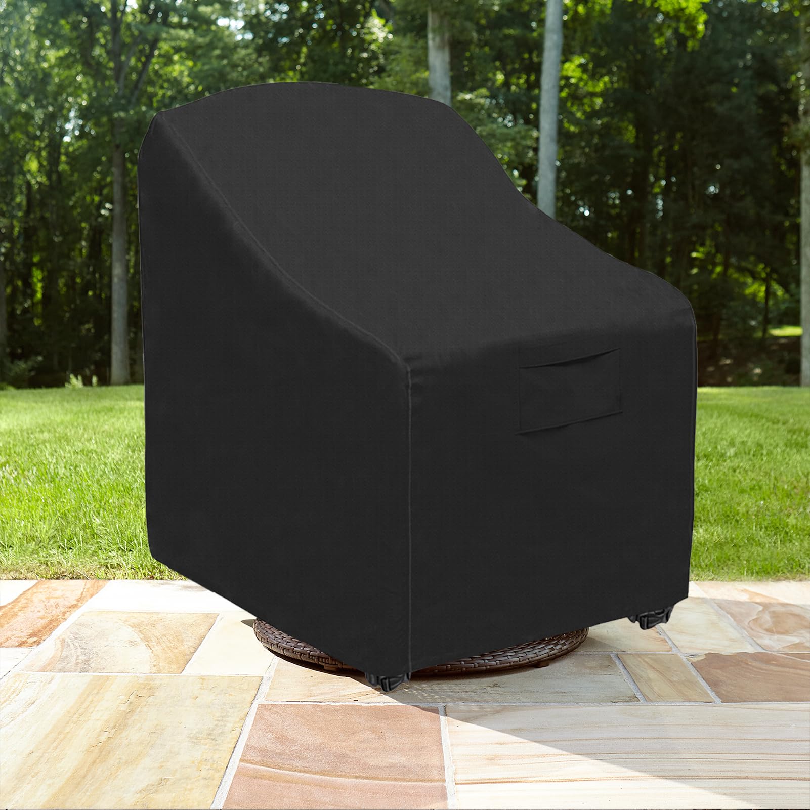 WORUO cover in use on patio deck protecting swivel chair from rain and dirt