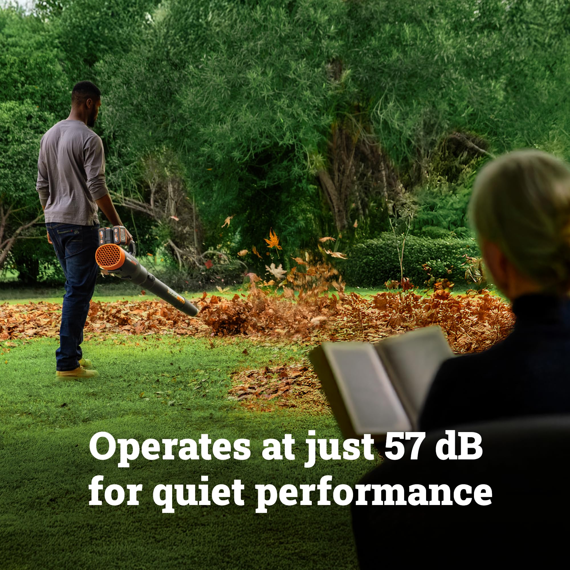 WORX blower clearing wet leaves demonstrating high CFM debris removal